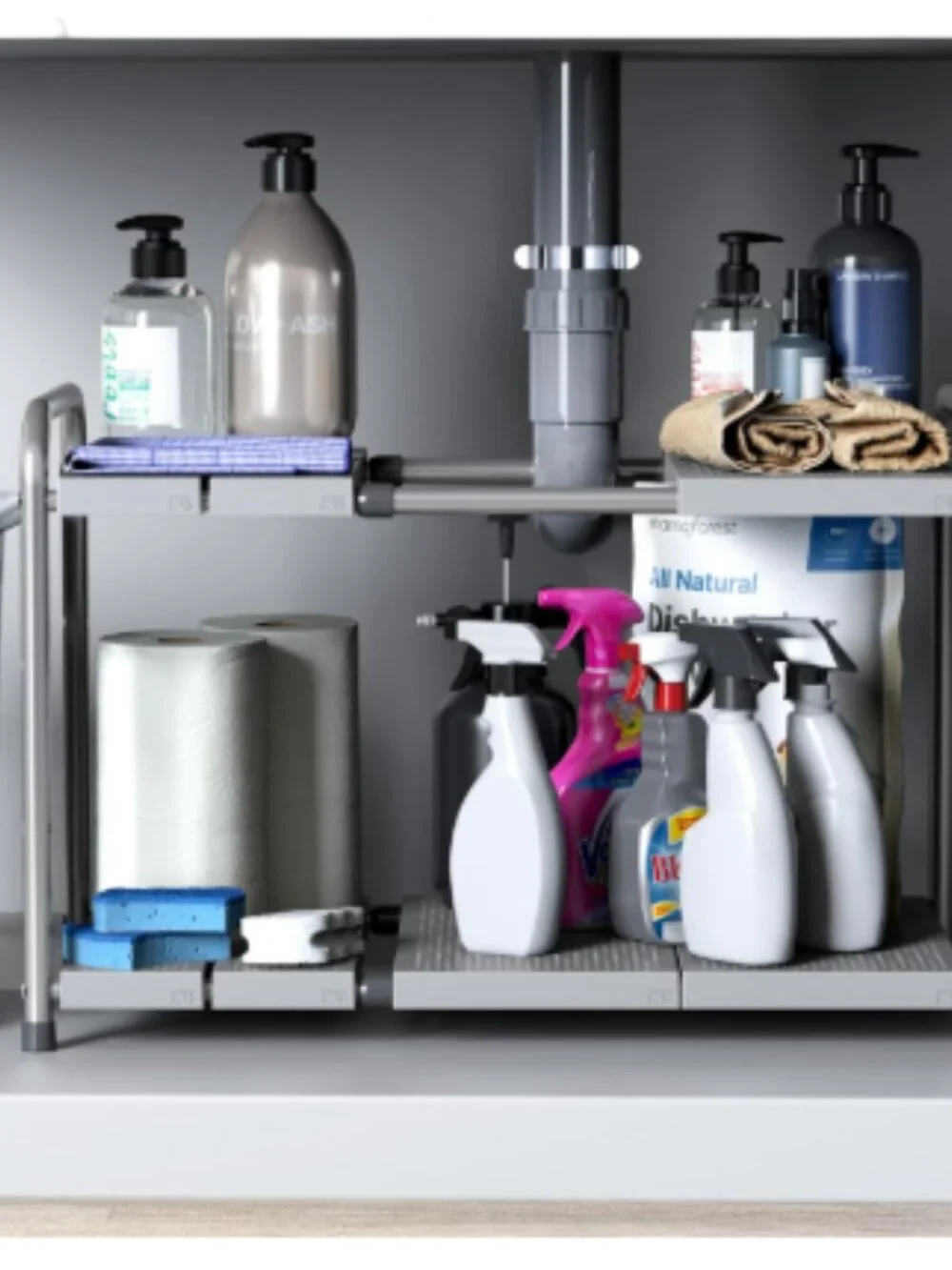 Under Sink 2-Tier Heavy Duty Expandable Organizer, Silver